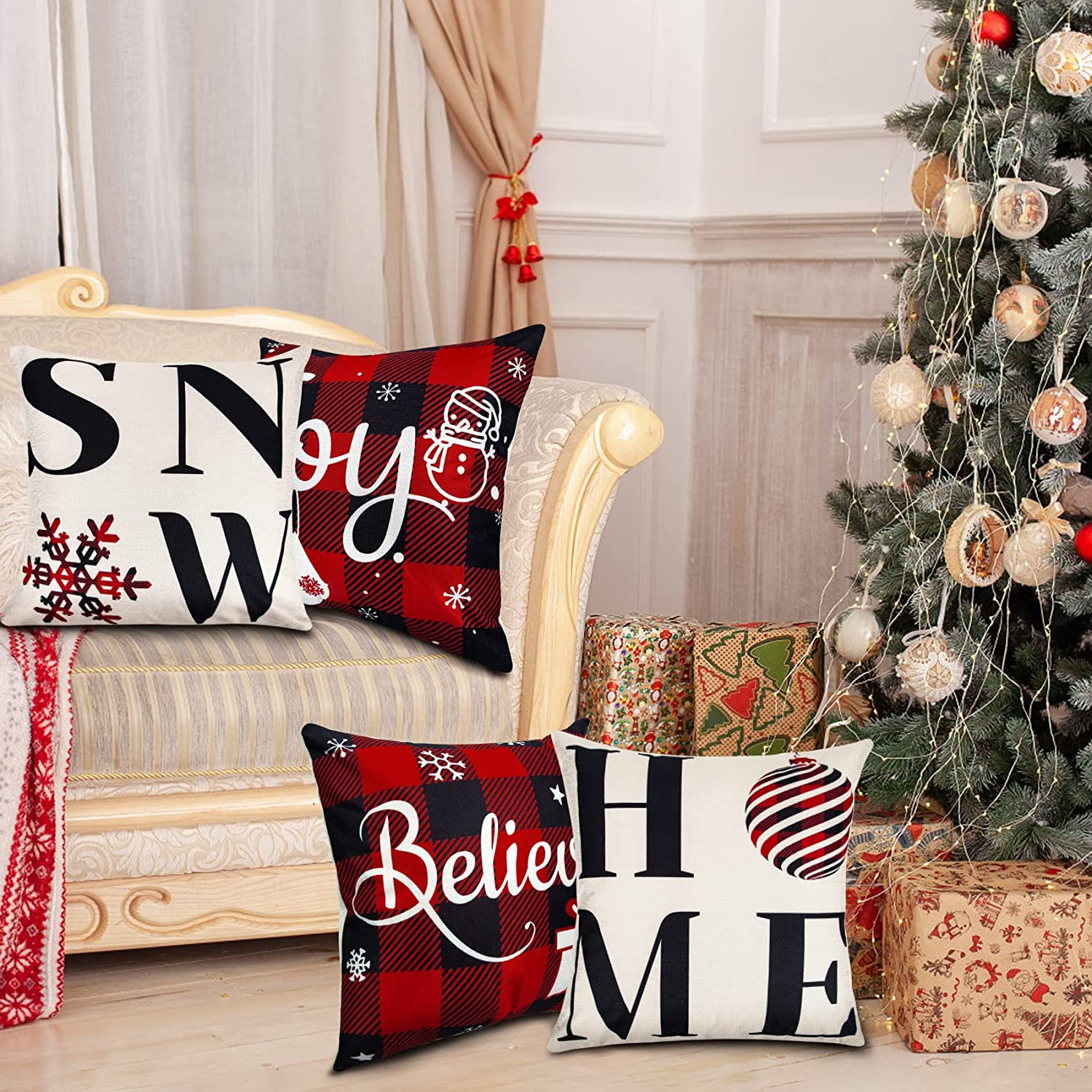 Ouddy Home Christmas Pillow Covers 18x18 Set of 4, Buffalo Plaid Christmas Throw Pillows Cases